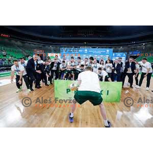 Captain Jaka Blazic and players of Cedevita Olimpija celebrate Slovenian National Title after victory in the fourth match of the Finals of OTP Bank League 2024/2025 between Cedevita Olimpija and Krka in SRC Stozice, Ljubljana, Slovenia on June 9, 2025.