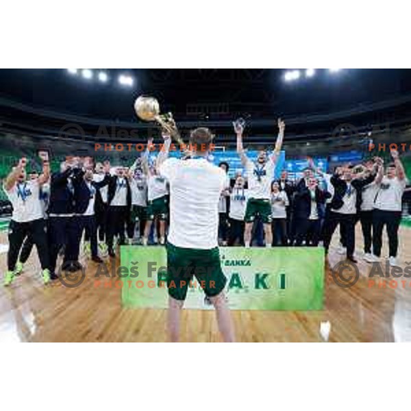 Captain Jaka Blazic and players of Cedevita Olimpija celebrate Slovenian National Title after victory in the fourth match of the Finals of OTP Bank League 2024/2025 between Cedevita Olimpija and Krka in SRC Stozice, Ljubljana, Slovenia on June 9, 2025.