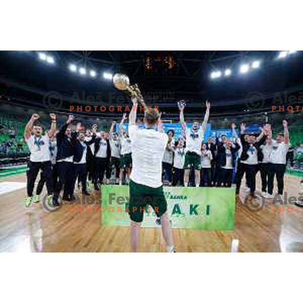 Captain Jaka Blazic and players of Cedevita Olimpija celebrate Slovenian National Title after victory in the fourth match of the Finals of OTP Bank League 2024/2025 between Cedevita Olimpija and Krka in SRC Stozice, Ljubljana, Slovenia on June 9, 2025.