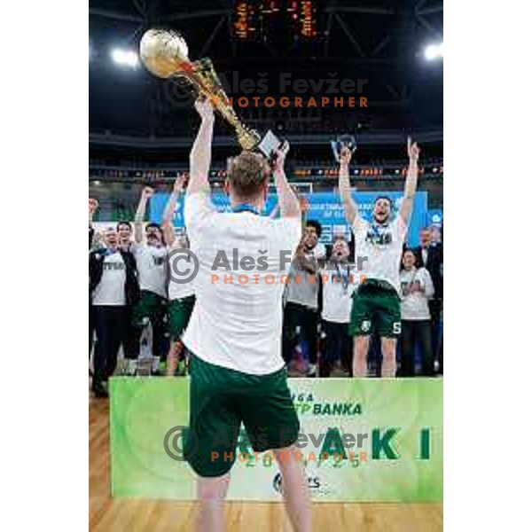 Captain Jaka Blazic and players of Cedevita Olimpija celebrate Slovenian National Title after victory in the fourth match of the Finals of OTP Bank League 2024/2025 between Cedevita Olimpija and Krka in SRC Stozice, Ljubljana, Slovenia on June 9, 2025.