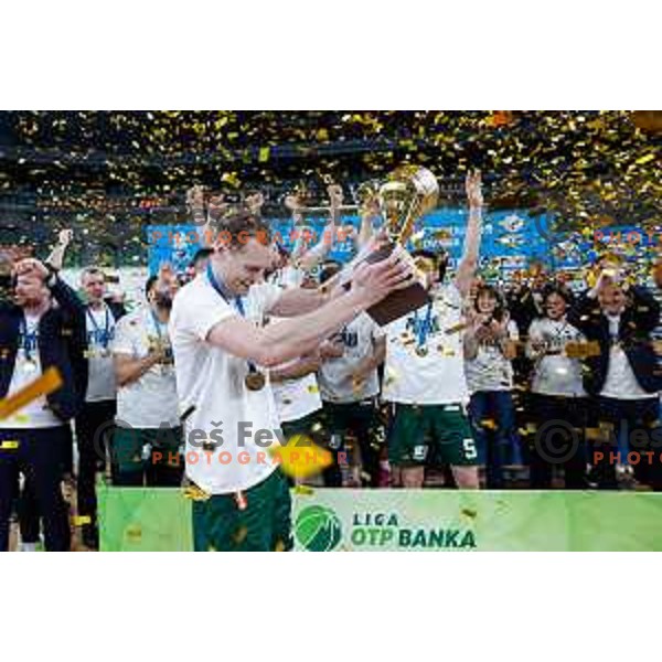 Captain Jaka Blazic and players of Cedevita Olimpija celebrate Slovenian National Title after victory in the fourth match of the Finals of OTP Bank League 2024/2025 between Cedevita Olimpija and Krka in SRC Stozice, Ljubljana, Slovenia on June 9, 2025.