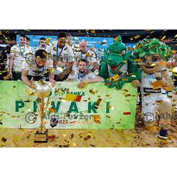 Captain Jaka Blazic and players of Cedevita Olimpija celebrate Slovenian National Title after victory in the fourth match of the Finals of OTP Bank League 2024/2025 between Cedevita Olimpija and Krka in SRC Stozice, Ljubljana, Slovenia on June 9, 2025.