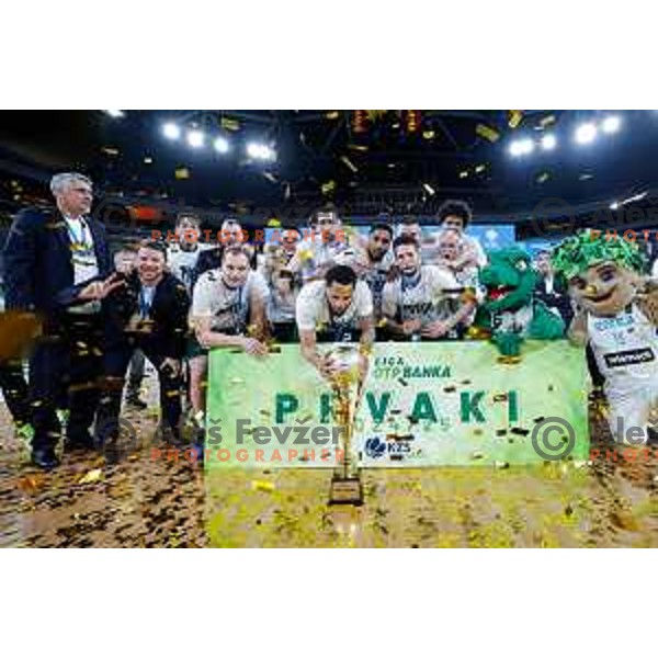 Captain Jaka Blazic and players of Cedevita Olimpija celebrate Slovenian National Title after victory in the fourth match of the Finals of OTP Bank League 2024/2025 between Cedevita Olimpija and Krka in SRC Stozice, Ljubljana, Slovenia on June 9, 2025.