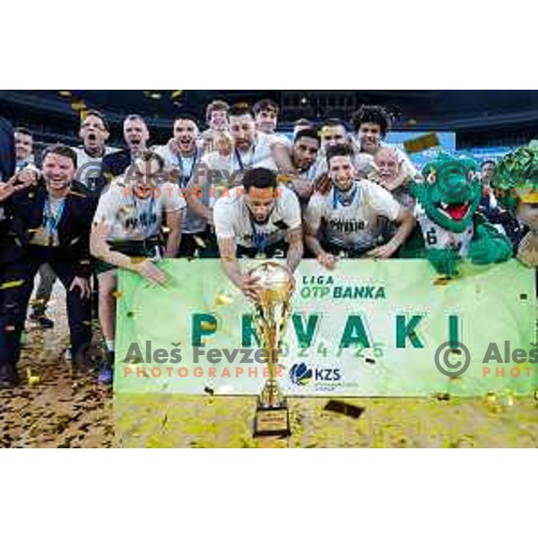 Captain Jaka Blazic and players of Cedevita Olimpija celebrate Slovenian National Title after victory in the fourth match of the Finals of OTP Bank League 2024/2025 between Cedevita Olimpija and Krka in SRC Stozice, Ljubljana, Slovenia on June 9, 2025.