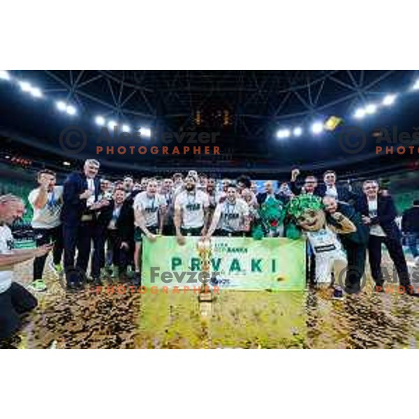 Captain Jaka Blazic and players of Cedevita Olimpija celebrate Slovenian National Title after victory in the fourth match of the Finals of OTP Bank League 2024/2025 between Cedevita Olimpija and Krka in SRC Stozice, Ljubljana, Slovenia on June 9, 2025.