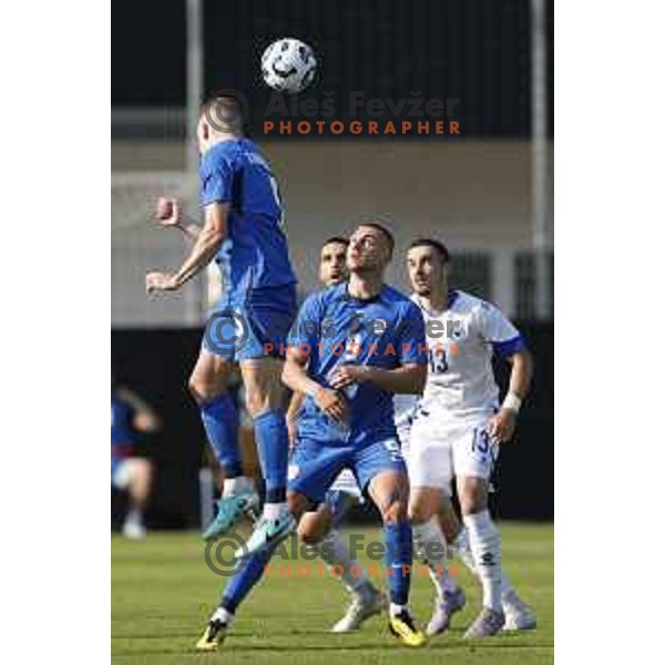 Mark Zabukovnik and Blaz Kramer in action during international friendly football match between Slovenia and Bosnia and Herzegovina in Celje, Slovenia on June 10, 2025.