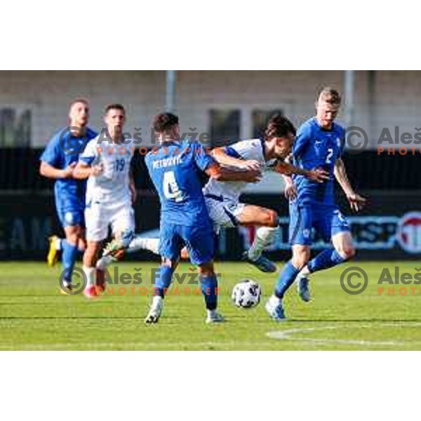 Dejan Petrovic and Zan Karnicnik in action during international friendly football match between Slovenia and Bosnia and Herzegovina in Celje, Slovenia on June 10, 2025.