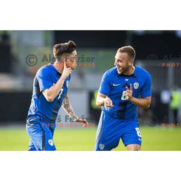 Benjamin Verbic and Sandi Lovric celebrate a goal during friendly football match between national team of Slovenia and Bosnia and Herzegovina in Stadion z’dezele, Celje, Slovenia on June 10, 2025. Photo: Jure Banfi