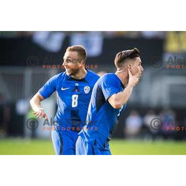 Benjamin Verbic and Sandi Lovric celebrate a goal during friendly football match between national team of Slovenia and Bosnia and Herzegovina in Stadion z’dezele, Celje, Slovenia on June 10, 2025. Photo: Jure Banfi
