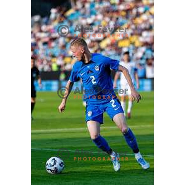 Zan Karnicnik and Amar Dedic in action during international friendly football match between Slovenia and Bosnia and Herzegovina in Celje, Slovenia on June 10, 2025.