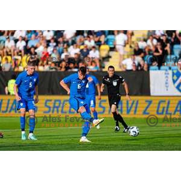 Jaka Bijol in action during international friendly football match between Slovenia and Bosnia and Herzegovina in Celje, Slovenia on June 10, 2025