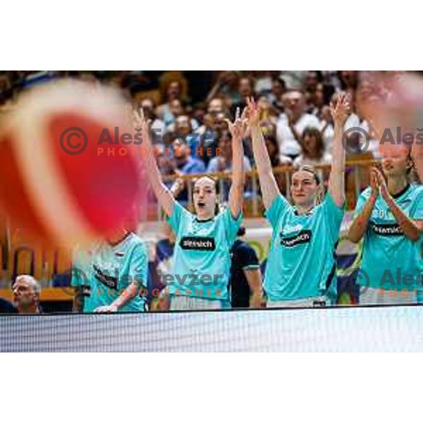 Tina Cvijanovic, Teja Gorsic and Mojca Jelenc of Slovenia in action during preparation match for Women’s EuroBasket 2025 between Slovenia and Montenegro in Tivoli Hall, Ljubljana, Slovenia on June 11, 2025
