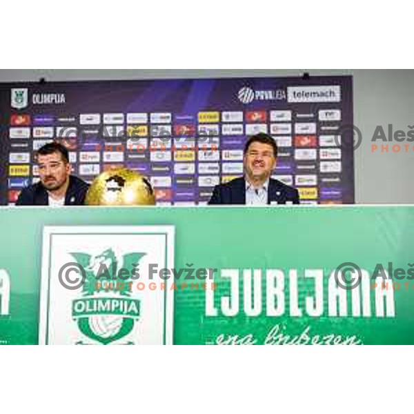 Goran Boromisa and Igor Barisic of NK Olimpija during press conference in Ljubljana, Slovenia on July 13, 2025