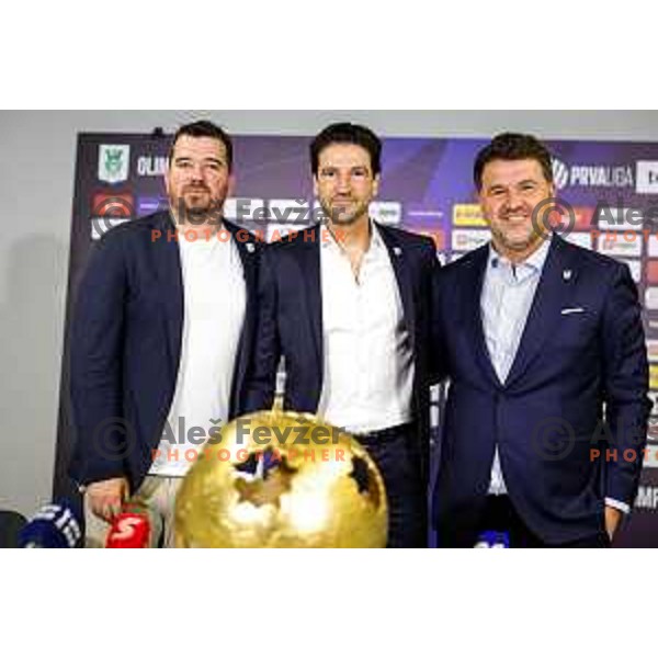 Goran Boromisa, Jorge Simao, new head coach of NK Olimpija and Igor Barisic during press conference in Ljubljana, Slovenia on July 13, 2025