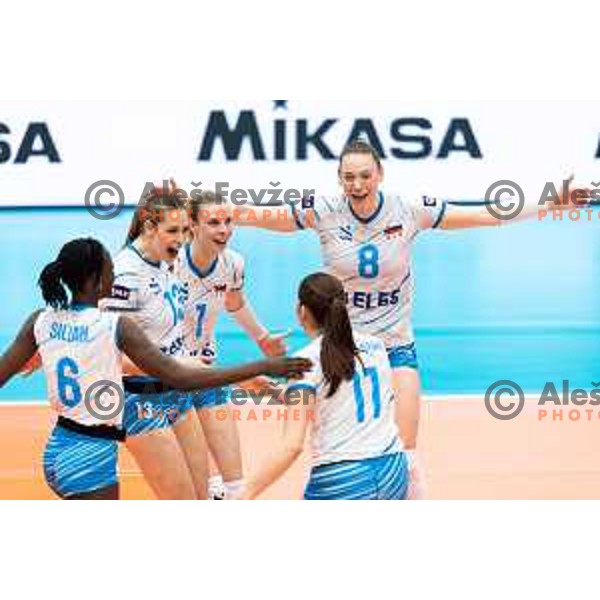 Nika Milosic, Eva Mori Pavlovic and Eva Zatkovic celebrate during CEV Women Volleyball European Golden League 2025 match between Slovenia and Spain in Rdeca dvorana, Velenje, Slovenia on June 15, 2025. Photo: Jure Banfi