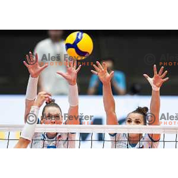 Eva Zatkovic and Sasa Planinsec in action during CEV Women Volleyball European Golden League 2025 match between Slovenia and Spain in Rdeca dvorana, Velenje, Slovenia on June 15, 2025. Photo: Jure Banfi