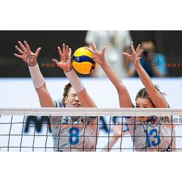 Eva Zatkovic and Nika Milosic in action during CEV Women Volleyball European Golden League 2025 match between Slovenia and Spain in Rdeca dvorana, Velenje, Slovenia on June 15, 2025. Photo: Jure Banfi