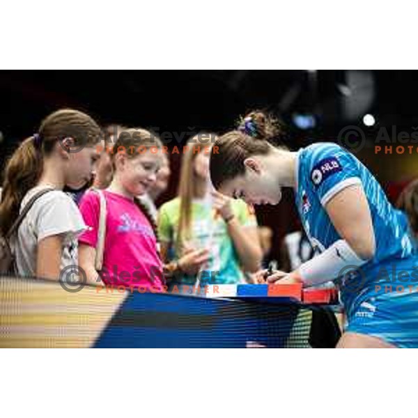 Anja Mazej signature signing with fans after CEV Women Volleyball European Golden League 2025 match between Slovenia and Spain in Rdeca dvorana, Velenje, Slovenia on June 15, 2025. Photo: Jure Banfi