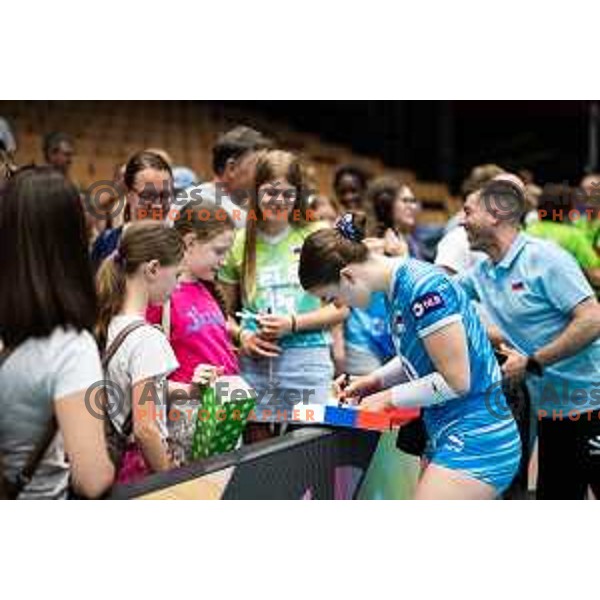 Anja Mazej signature signing with fans after CEV Women Volleyball European Golden League 2025 match between Slovenia and Spain in Rdeca dvorana, Velenje, Slovenia on June 15, 2025. Photo: Jure Banfi