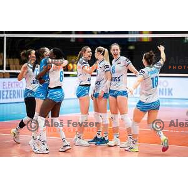 Fatoumatta Sillah, Nika Milosic, Eva Mori Pavlovic, Eva Zatkovic and other players celebrate after winning CEV Women Volleyball European Golden League 2025 match between Slovenia and Spain in Rdeca dvorana, Velenje, Slovenia on June 15, 2025. Photo: Jure Banfi