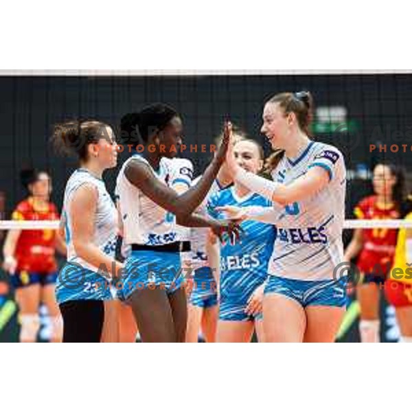 Fatoumatta Sillah and Eva Zatkovic celebrate during CEV Women Volleyball European Golden League 2025 match between Slovenia and Spain in Rdeca dvorana, Velenje, Slovenia on June 15, 2025. Photo: Jure Banfi