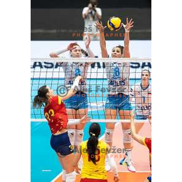 Eva Zatkovic and Sasa Planinsec in action during CEV Women Volleyball European Golden League 2025 match between Slovenia and Spain in Rdeca dvorana, Velenje, Slovenia on June 15, 2025. Photo: Jure Banfi