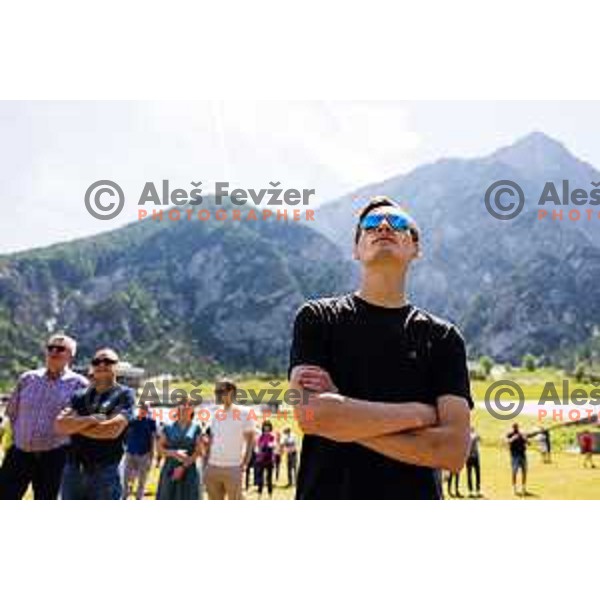 Domen Prevc during ceremonial event for reveiling of the statue of Domen Prevc for World Record holder in Ski Jumping in NC Planica, Slovenia on June 18, 2025. Photo Grega Valancic