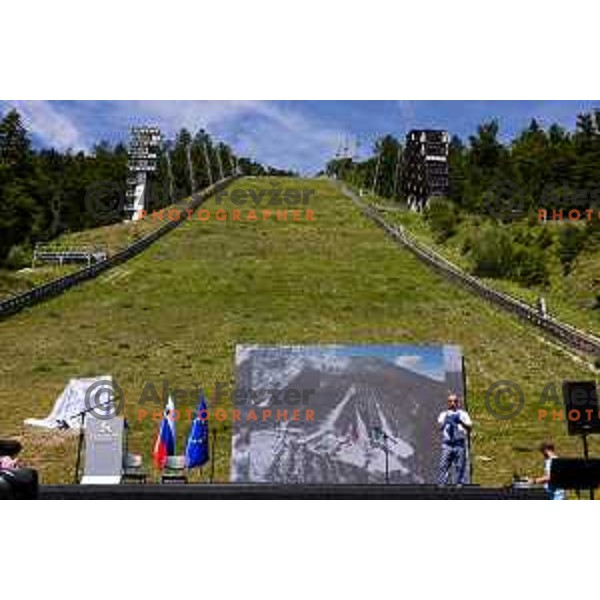 during ceremonial event for reveiling of the statue of Domen Prevc for World Record holder in Ski Jumping in NC Planica, Slovenia on June 18, 2025. Photo Grega Valancic