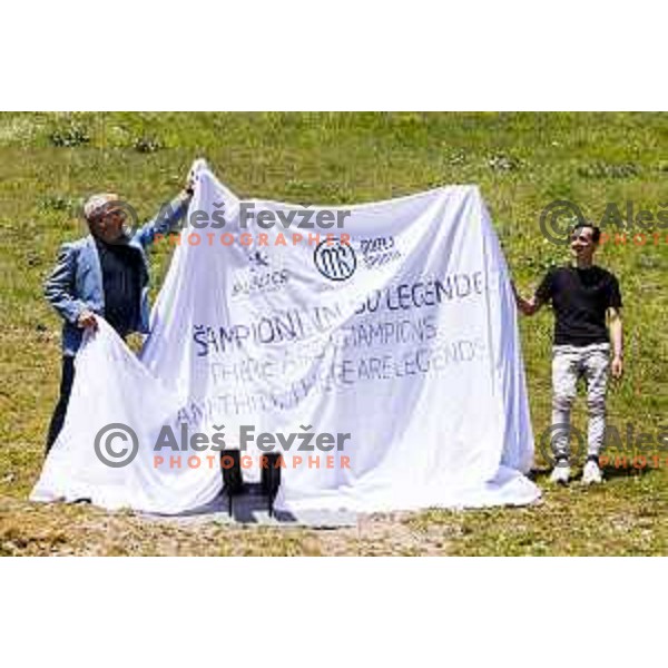 Matjaz Han and Domen Prevc during ceremonial event for reveiling of the statue of Domen Prevc for World Record holder in Ski Jumping in NC Planica, Slovenia on June 18, 2025. Photo Grega Valancic