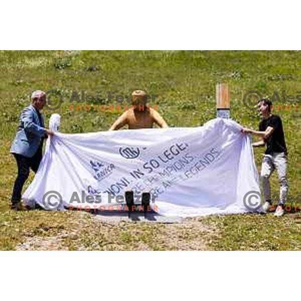 Matjaz Han and Domen Prevc during ceremonial event for reveiling of the statue of Domen Prevc for World Record holder in Ski Jumping in NC Planica, Slovenia on June 18, 2025. Photo Grega Valancic