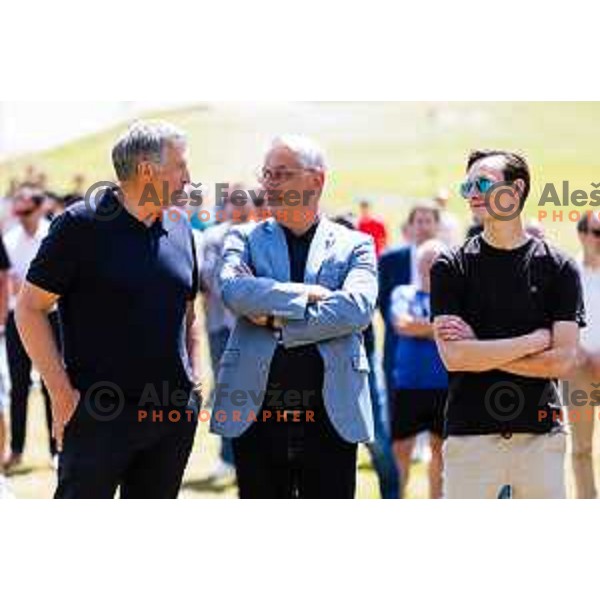 Jelko Gros, Matjaz Han and Domen Prevc during ceremonial event for reveiling of the statue of Domen Prevc for World Record holder in Ski Jumping in NC Planica, Slovenia on June 18, 2025. Photo Grega Valancic