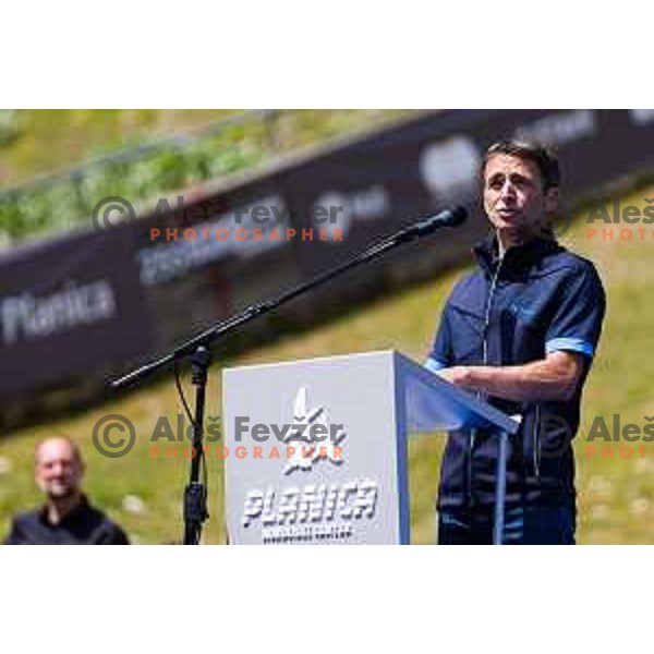 Franci Petek during ceremonial event for reveiling of the statue of Domen Prevc for World Record holder in Ski Jumping in NC Planica, Slovenia on June 18, 2025. Photo Grega Valancic