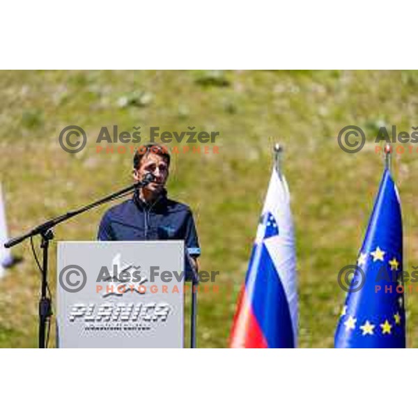 Franci Petek during ceremonial event for reveiling of the statue of Domen Prevc for World Record holder in Ski Jumping in NC Planica, Slovenia on June 18, 2025. Photo Grega Valancic