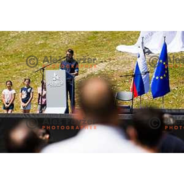 Franci Petek during ceremonial event for reveiling of the statue of Domen Prevc for World Record holder in Ski Jumping in NC Planica, Slovenia on June 18, 2025. Photo Grega Valancic