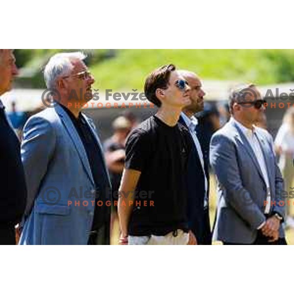 Domen Prevc during ceremonial event for reveiling of the statue of Domen Prevc for World Record holder in Ski Jumping in NC Planica, Slovenia on June 18, 2025. Photo Grega Valancic
