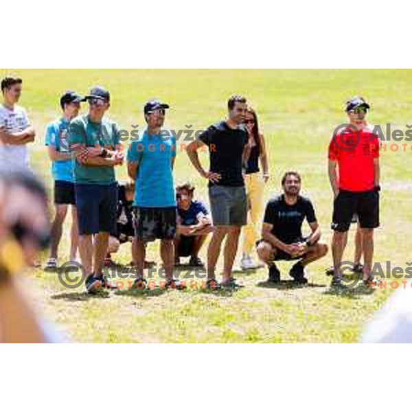 Slovenian Ski Jumping team during ceremonial event for reveiling of the statue of Domen Prevc for World Record holder in Ski Jumping in NC Planica, Slovenia on June 18, 2025. Photo Grega Valancic