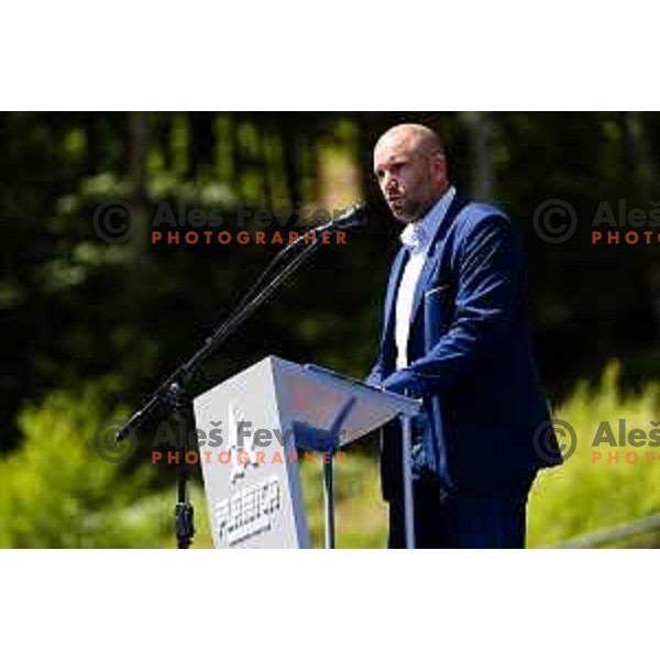 Uros Zupan during ceremonial event for reveiling of the statue of Domen Prevc for World Record holder in Ski Jumping in NC Planica, Slovenia on June 18, 2025. Photo Grega Valancic