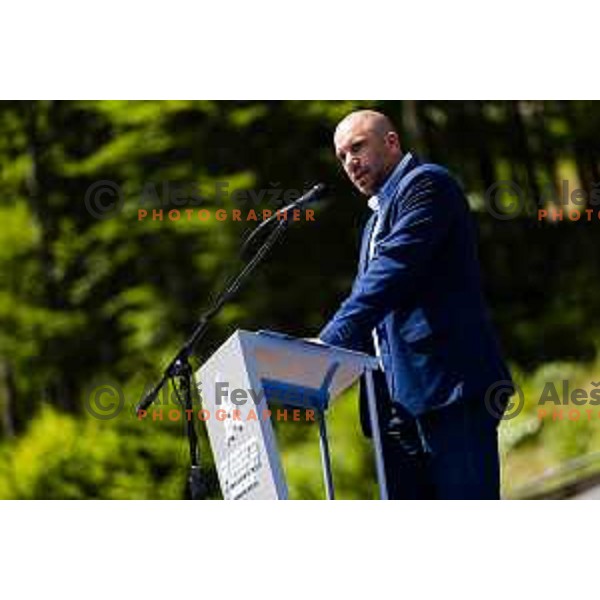 Uros Zupan during ceremonial event for reveiling of the statue of Domen Prevc for World Record holder in Ski Jumping in NC Planica, Slovenia on June 18, 2025. Photo Grega Valancic
