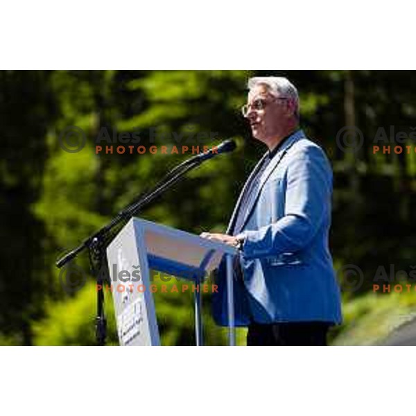 Matjaz Han during ceremonial event for reveiling of the statue of Domen Prevc for World Record holder in Ski Jumping in NC Planica, Slovenia on June 18, 2025. Photo Grega Valancic