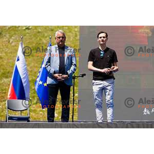 Matjaz Han and Domen Prevc during ceremonial event for reveiling of the statue of Domen Prevc for World Record holder in Ski Jumping in NC Planica, Slovenia on June 18, 2025. Photo Grega Valancic