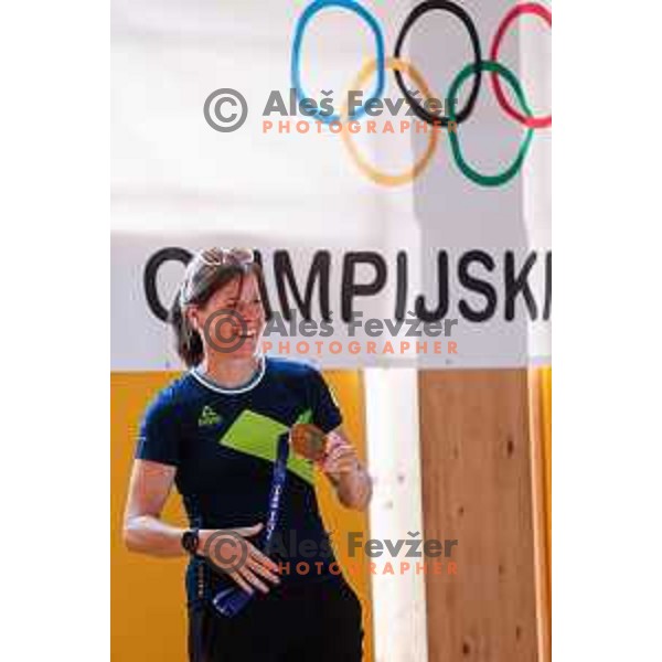 Vesna Fabjan, Olympic bronze medalist in Cross-Country Sprint at Sochi 2014 Olympic Games during Olympic Day at Strazisce primary school in Kranj, Slovenia on June 23, 2025