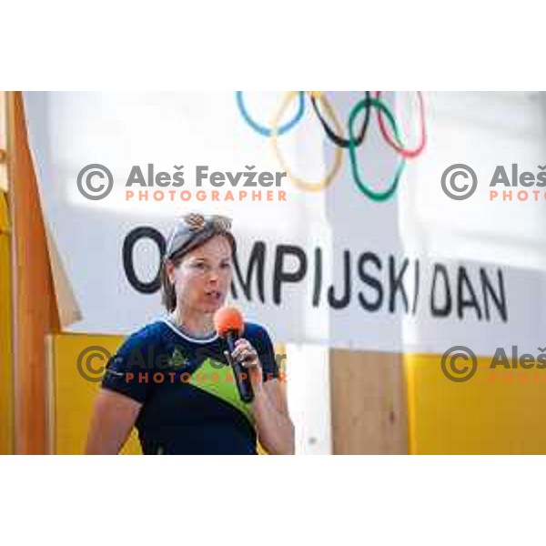 Vesna Fabjan, Olympic bronze medalist in Cross-Country Sprint at Sochi 2014 Olympic Games during Olympic Day at Strazisce primary school in Kranj, Slovenia on June 23, 2025