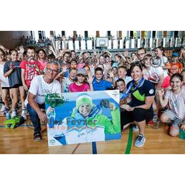 Vesna Fabjan, Olympic bronze medalist in Cross-Country Sprint at Sochi 2014 Olympic Games during Olympic Day at Strazisce primary school in Kranj, Slovenia on June 23, 2025