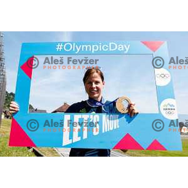 Vesna Fabjan, Olympic bronze medalist in Cross-Country Sprint at Sochi 2014 Olympic Games during Olympic Day at Strazisce primary school in Kranj, Slovenia on June 23, 2025
