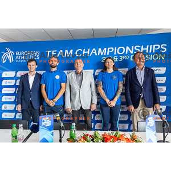 Primoz Fegus, Slovenian Athletic Federation President, Amel Tuka, Dobromir Karamarinov, European Athletics President, Alexandra Emilianov and Samo Peter Medved, Deputy Mayor of the Municipality of Maribor during European Athletics Team Championship 2025 press conference in Atletski stadion Poljane, Maribor, Slovenia on June 23, 2025. Photo: Jure Banfi
