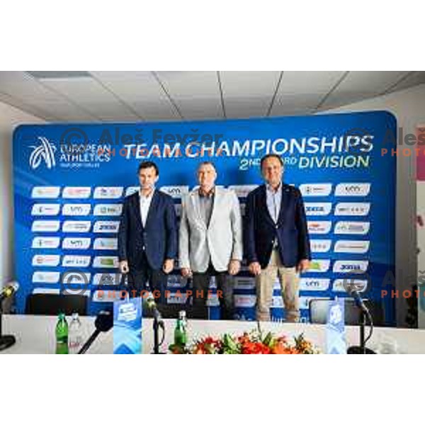 Primoz Fegus, Slovenian Athletic Federation President, Dobromir Karamarinov, European Athletics President and Samo Peter Medved, Deputy Mayor of the Municipality of Maribor during European Athletics Team Championship 2025 press conference in Atletski stadion Poljane, Maribor, Slovenia on June 23, 2025. Photo: Jure Banfi