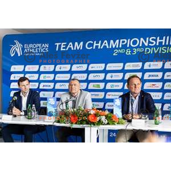 Primoz Fegus, Slovenian Athletic Federation President, Dobromir Karamarinov, European Athletics President and Samo Peter Medved, Deputy Mayor of the Municipality of Maribor during European Athletics Team Championship 2025 press conference in Atletski stadion Poljane, Maribor, Slovenia on June 23, 2025. Photo: Jure Banfi