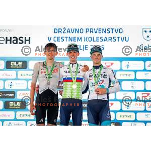 Jaka Marolt, Jakob Omrzel and Matevz Govekar during Slovenian Cycling Championships 2025 in Celje, Slovenia on June 29, 2025.