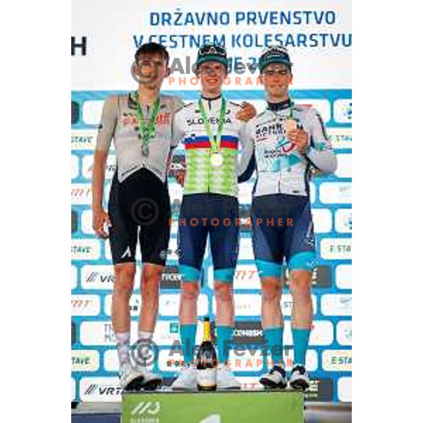 Jaka Marolt, Jakob Omrzel and Matevz Govekar during Slovenian Cycling Championships 2025 in Celje, Slovenia on June 29, 2025.