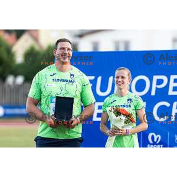 Kristjan Ceh and Tina Sutej celebrate after Day 2 of European Athletics Team Championship 2025 2nd Division in Stadium Poljane, Maribor, Slovenia on June 29, 2025. Photo: Jure Banfi
